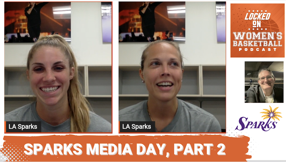Podcast promotion graphic with photos of Julie Allemand and Sarah Ashlee Barker. Text overlay reads "Sparks media day, Part 2."